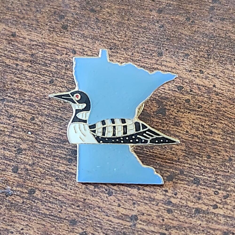 Minnesota Common Loon Enamel Pin Blue State Map Bird Souvenir Goldtone Lapel Tac
